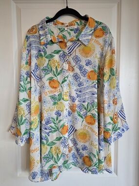 Tropical Citrus Button-Up Shirt - Yellow, Green, Blue